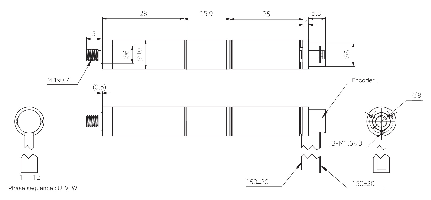 10mm Coreless Push Rod Actuator Dimensional Drawing