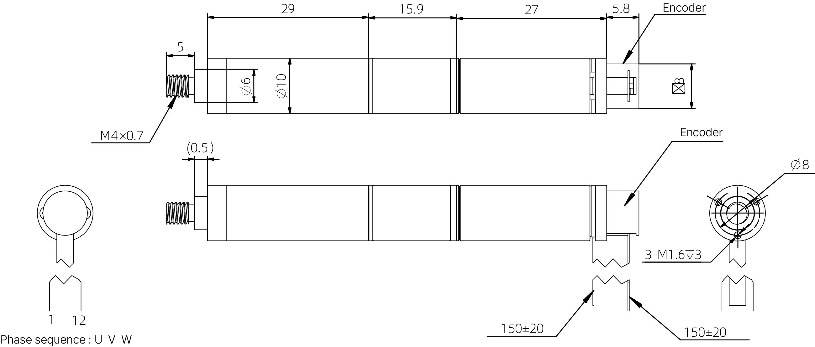 10mm Coreless Push Rod Actuator Dimensional Drawing