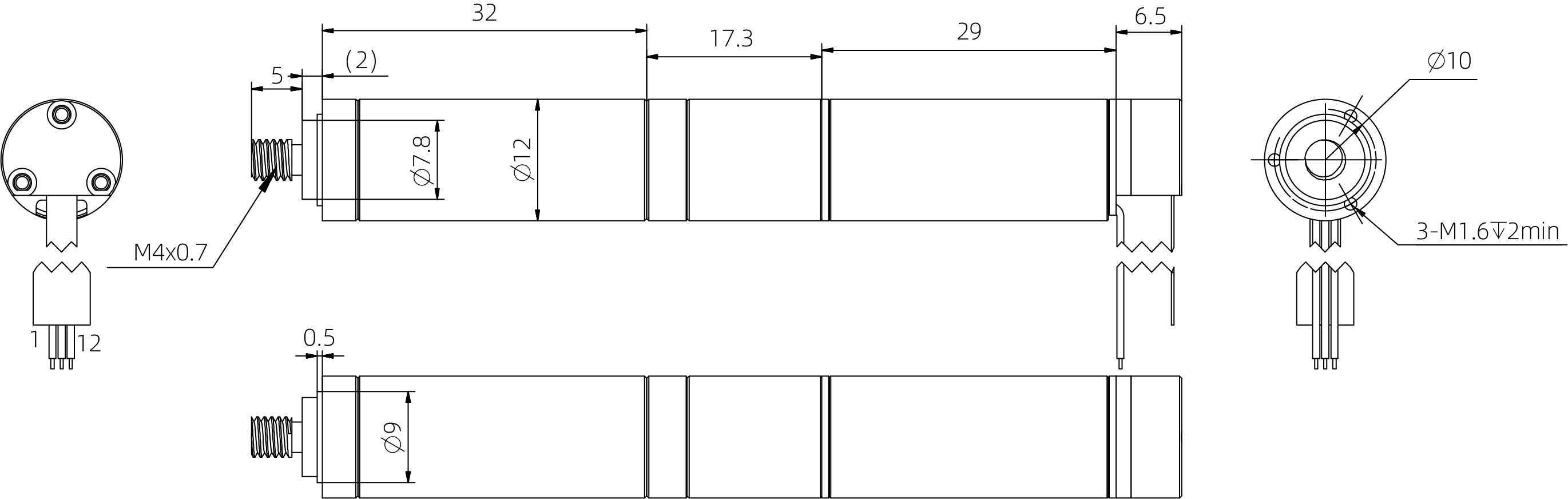 12mm Coreless Push Rod Actuator Dimensional Drawing