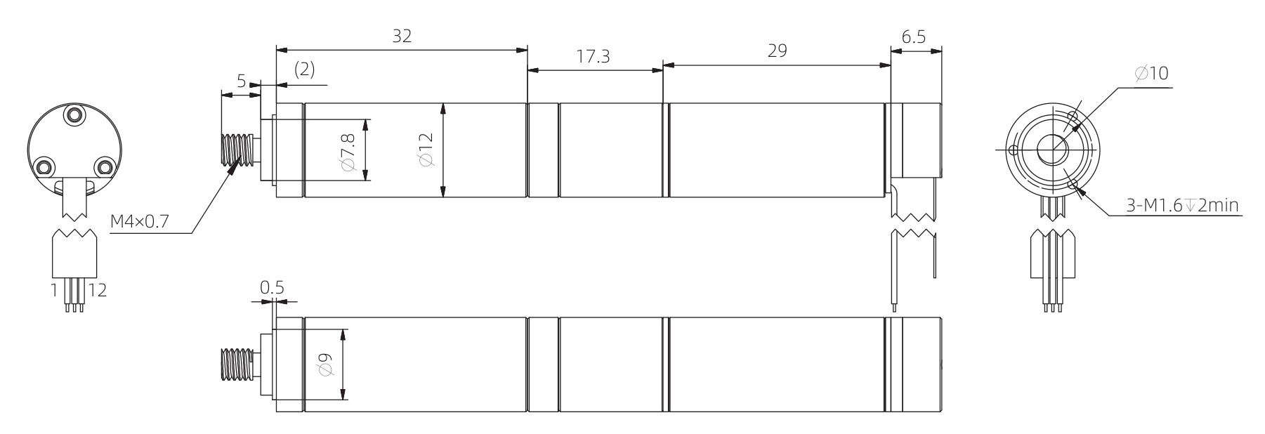 12mm Coreless Push Rod Actuator Dimensional Drawing