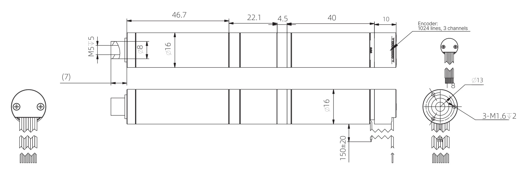 16mm Coreless Push Rod Actuator Dimensional Drawing