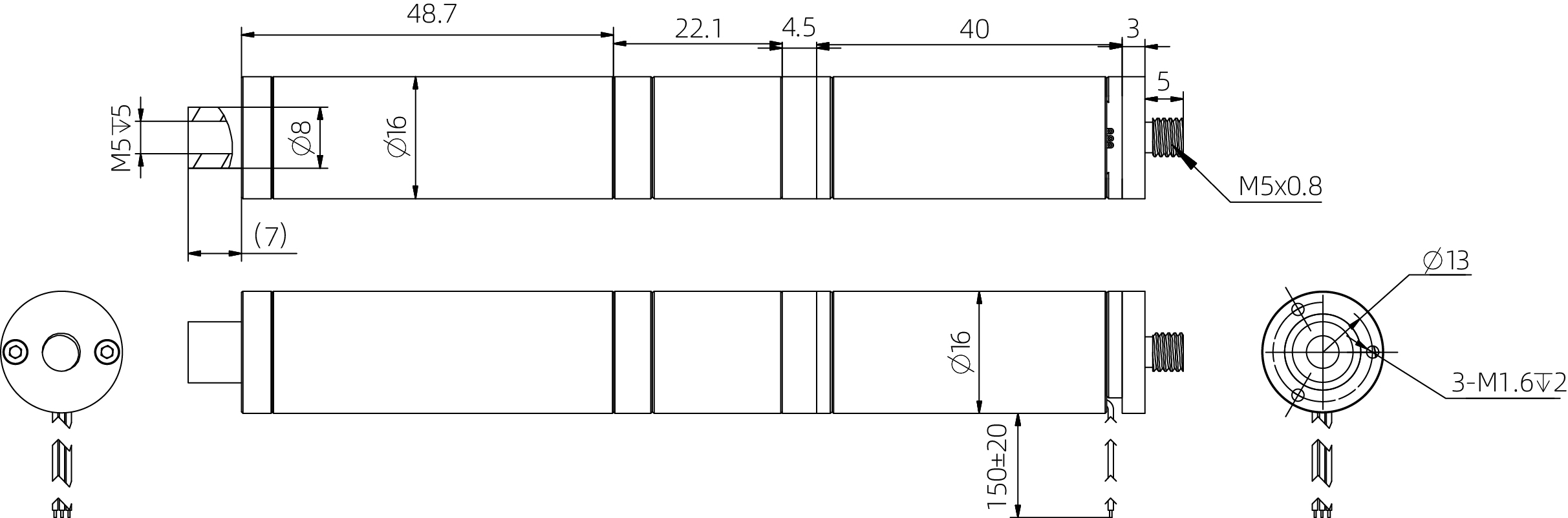 16mm Coreless Push Rod Actuator Dimensional Drawing