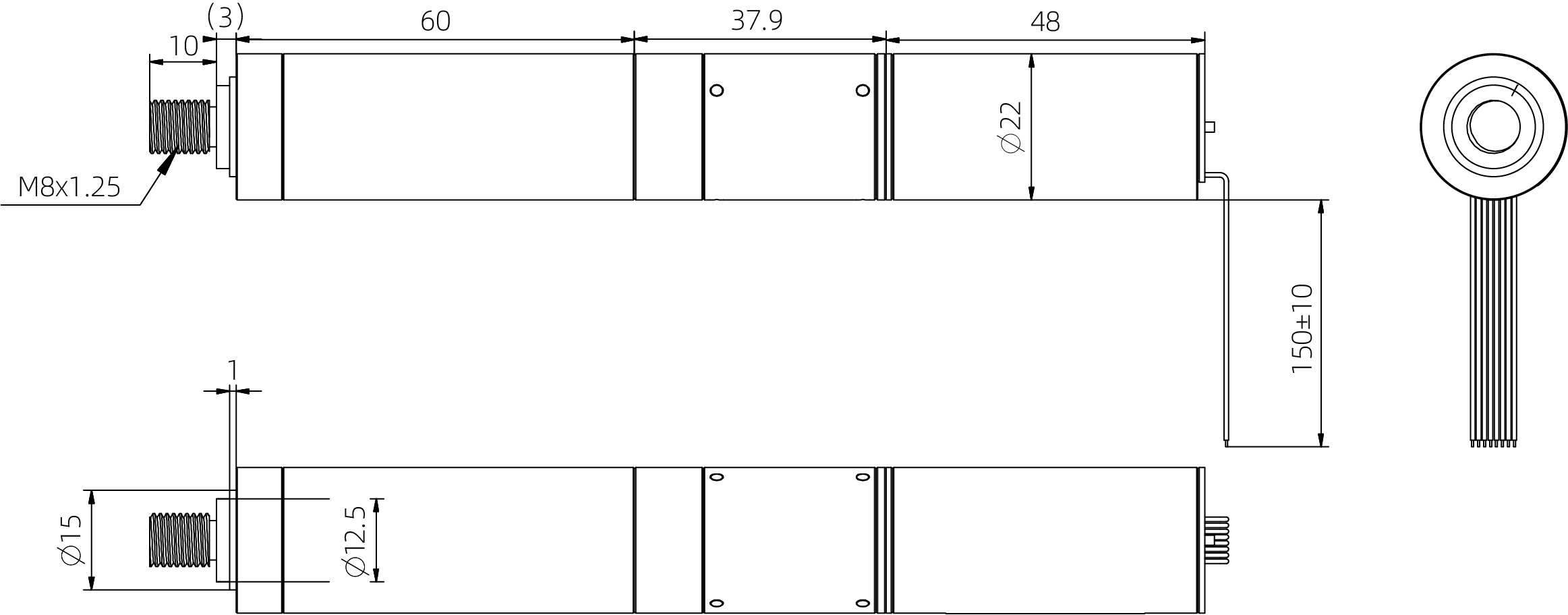 22mm Coreless Push Rod Actuator Dimensional Drawing