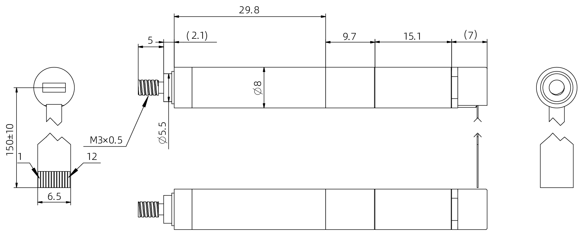 8mm Coreless Push Rod Actuator Dimensional Drawing