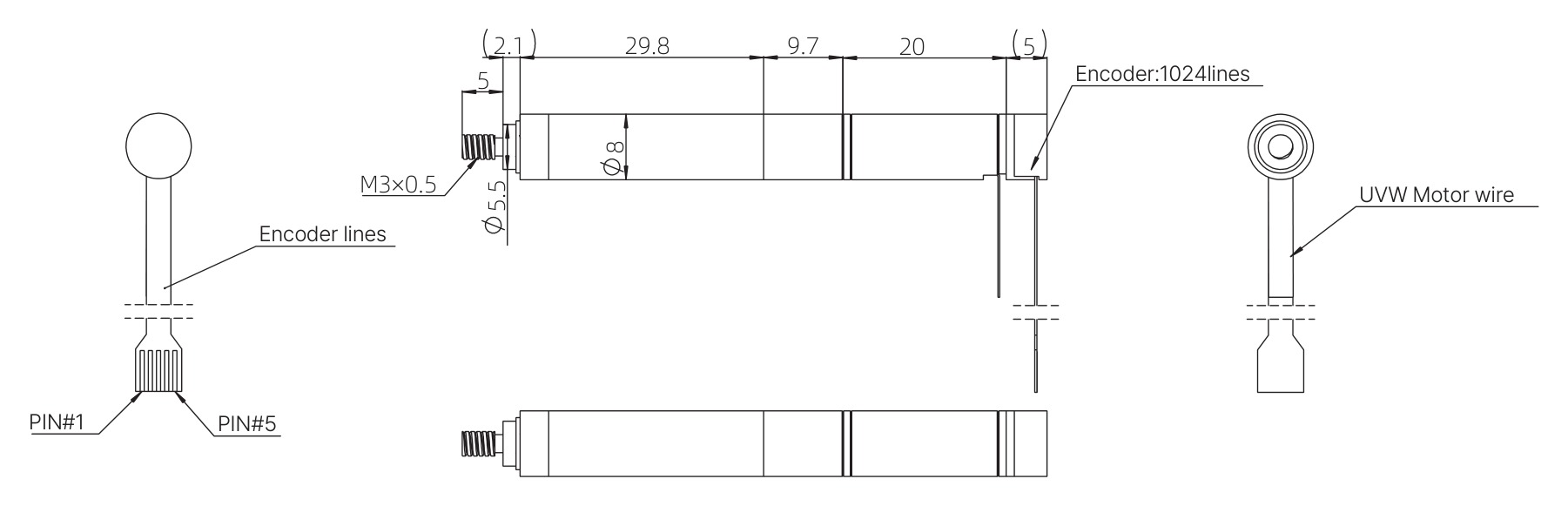 8mm Coreless Push Rod Actuator Dimensional Drawing
